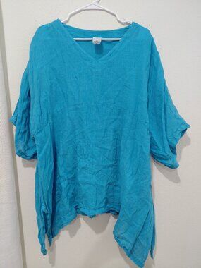 Matchpoint Blue Linen Oversized Tunic Top Blouse Lagenlook Medium USA